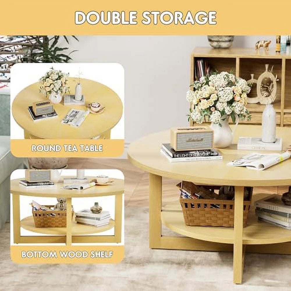 Round 2-Tier Solid Wooden Coffee Table with Shelf M643