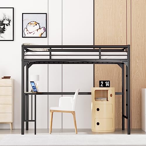 Black Metal Loft Bed Twin Size with Desk and Ladder O190