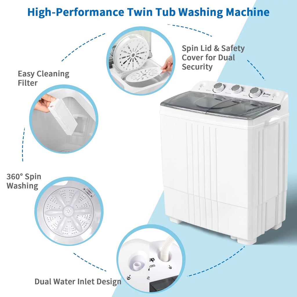 20LBS Portable Compact Twin Tub Washing Machine Washer Dryer, Gray Y372