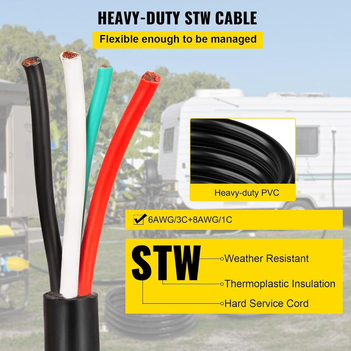30Ft 50Amp 6 Gauge STW 6/3+8/1 Generator Extension Cord R815