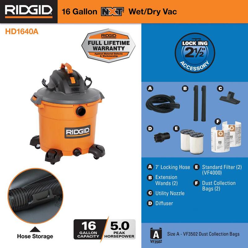 16 Gallon 5.0 Peak HP Wet/Dry Shop Vacuum with Filters, Dust Bags, Hose and Accessories P5996