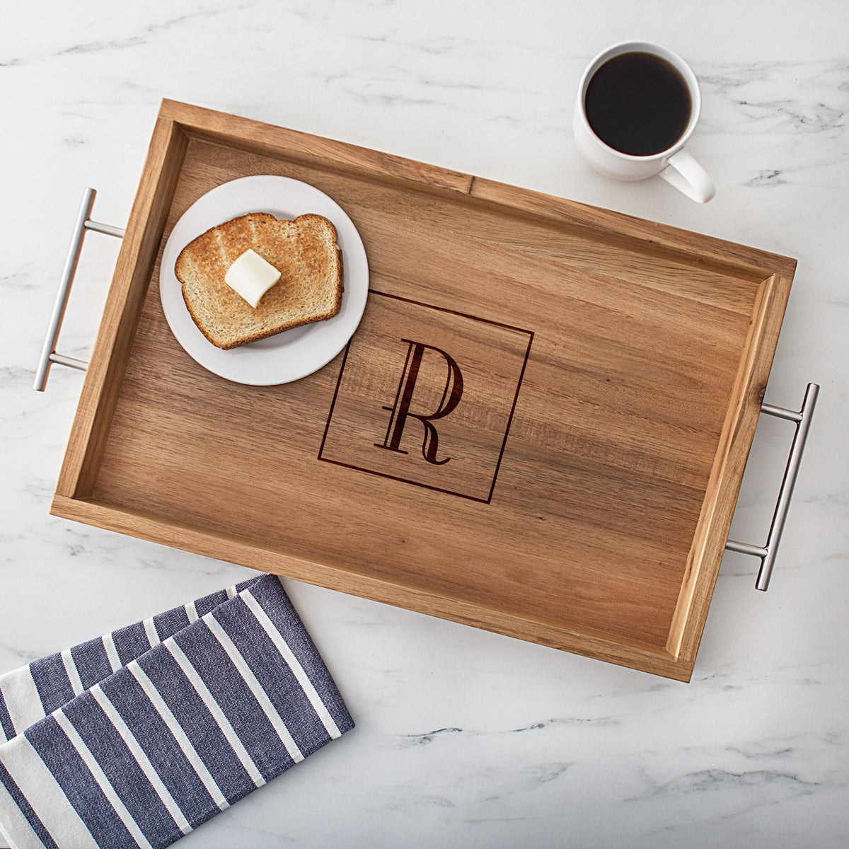 Acacia Tray with Metal Handles V8037