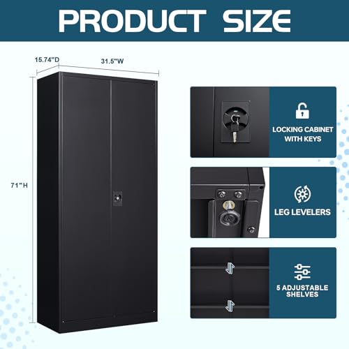 Black Steel Storage Cabinet with Doors and 5 Shelves X994