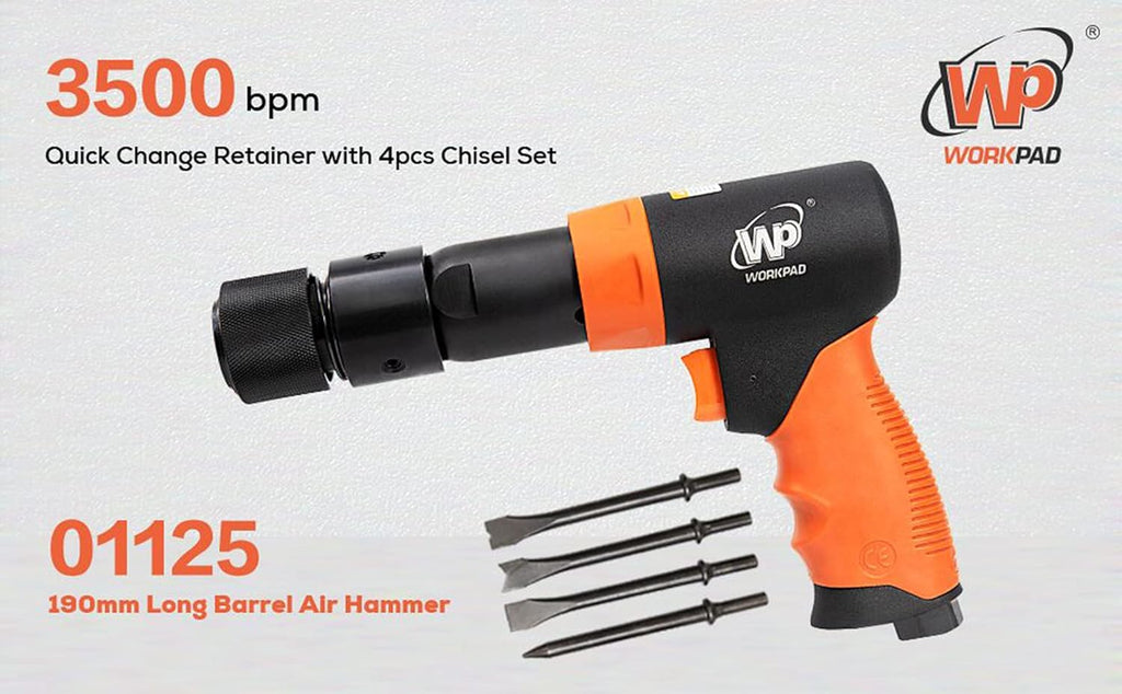 190mm Long Barrel Air Hammer with Quick Change Chisel Retainer and 4-Piece Chisels Set G4267