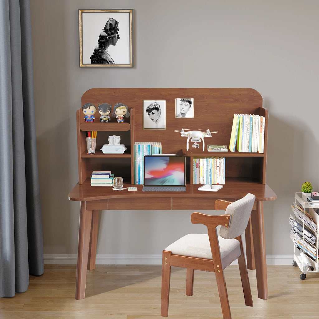 Kids Desk and Chair Set Wooden with Bookshelf and Two Drawers Q9184