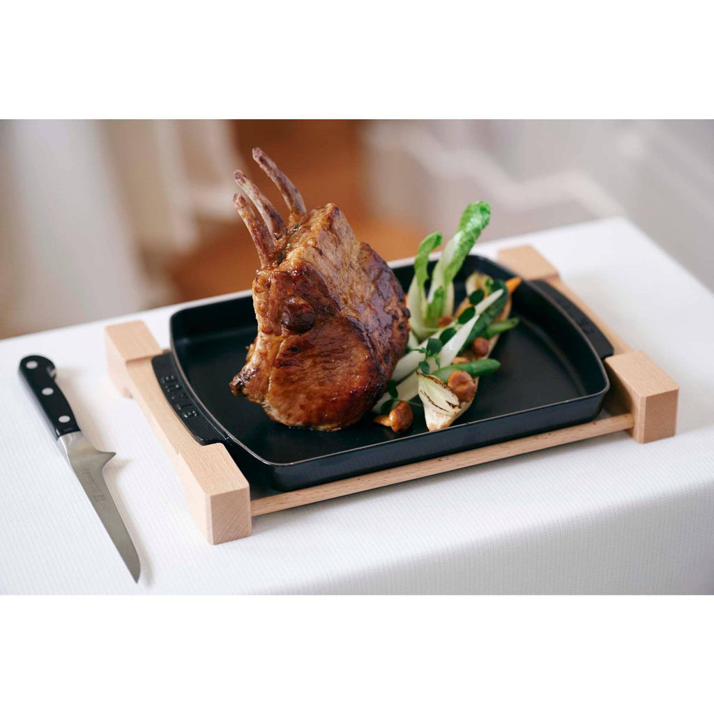 Matte Black Cast Iron Rectangular Serving Dish with Wood Base N7563