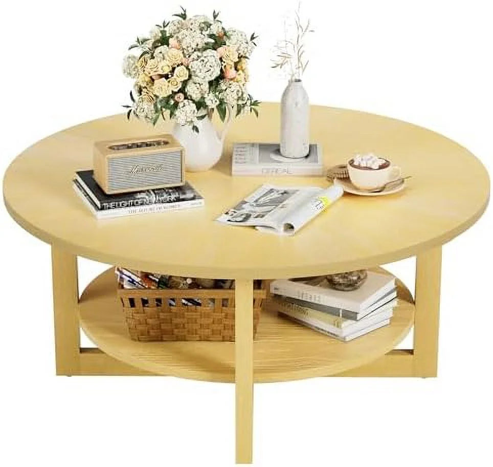 Round 2-Tier Solid Wooden Coffee Table with Shelf M643