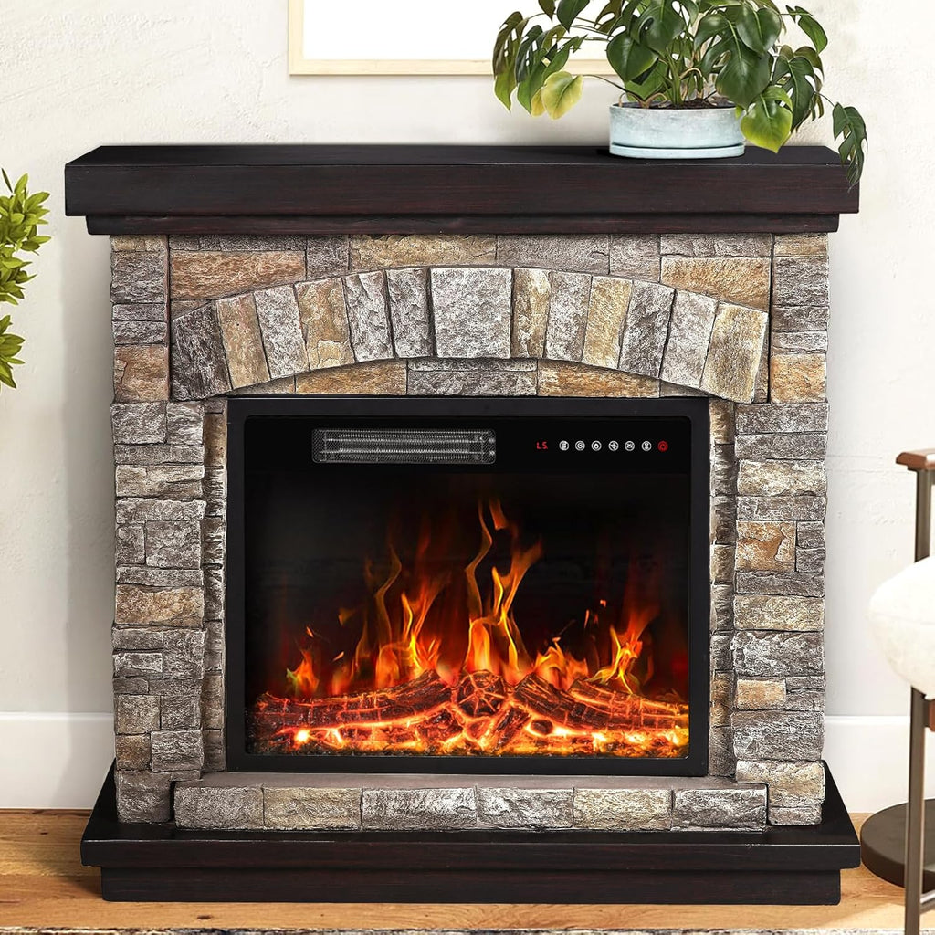 36 inch Freestanding Stone Electric Fireplace Heater TV Stand with Remote Control L313680