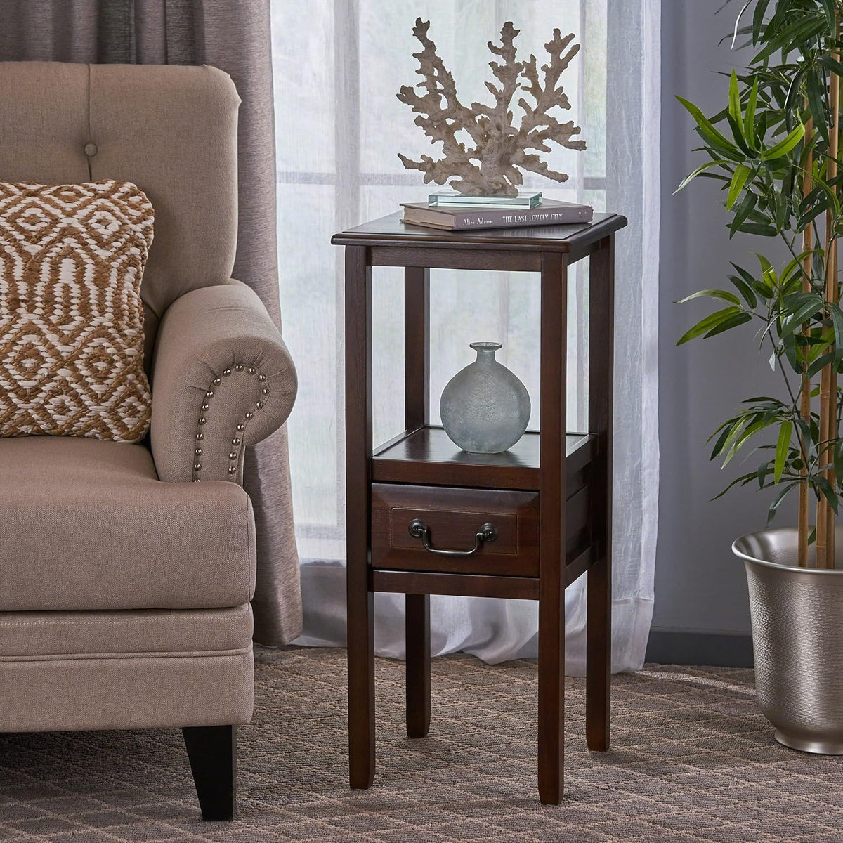 Brown Mahogany Acacia Wood Accent Table with Bottom Drawer C7080