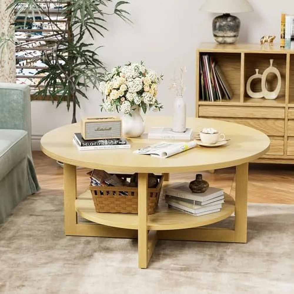Round 2-Tier Solid Wooden Coffee Table with Shelf M643