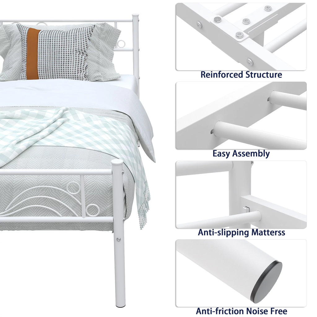 White Metal Twin Size Platform Bed Frame with Wave Headboard Y40340