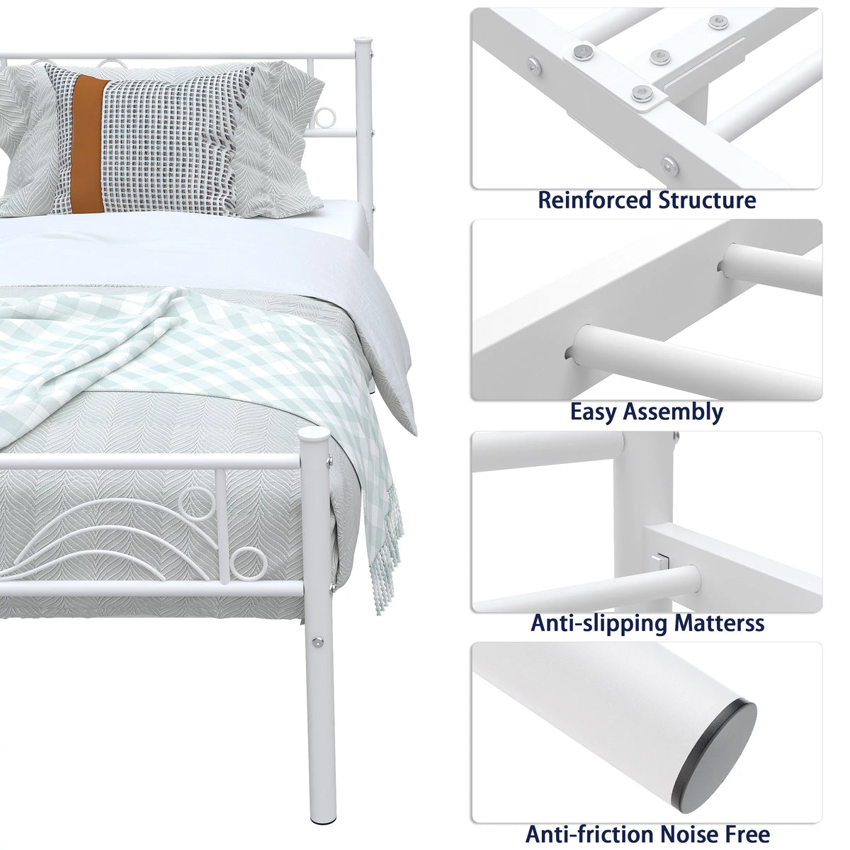 White Metal Twin Size Platform Bed Frame with Wave Headboard Y40340