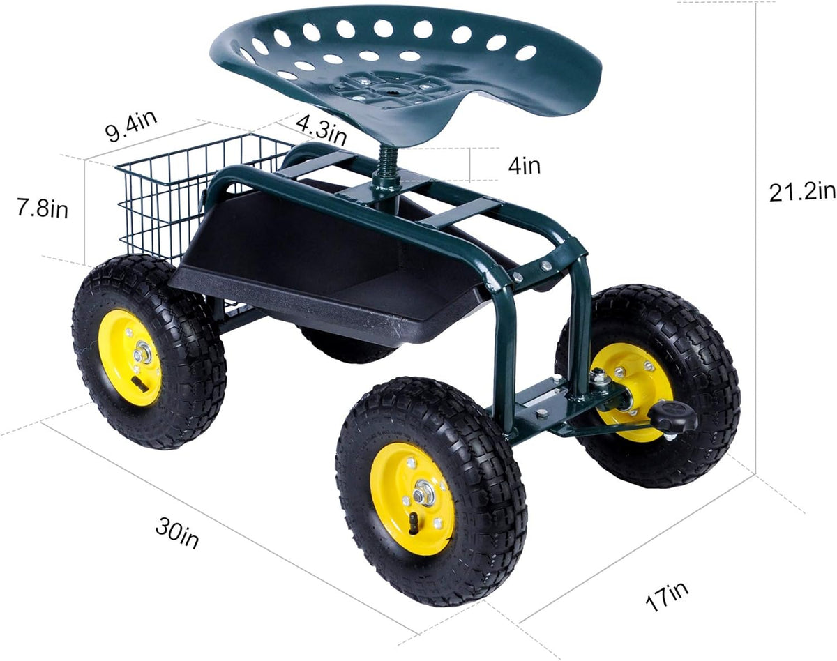 Green Steerable Garden Stool Cart with Tool Tray and Storage Basket on Wheels V455