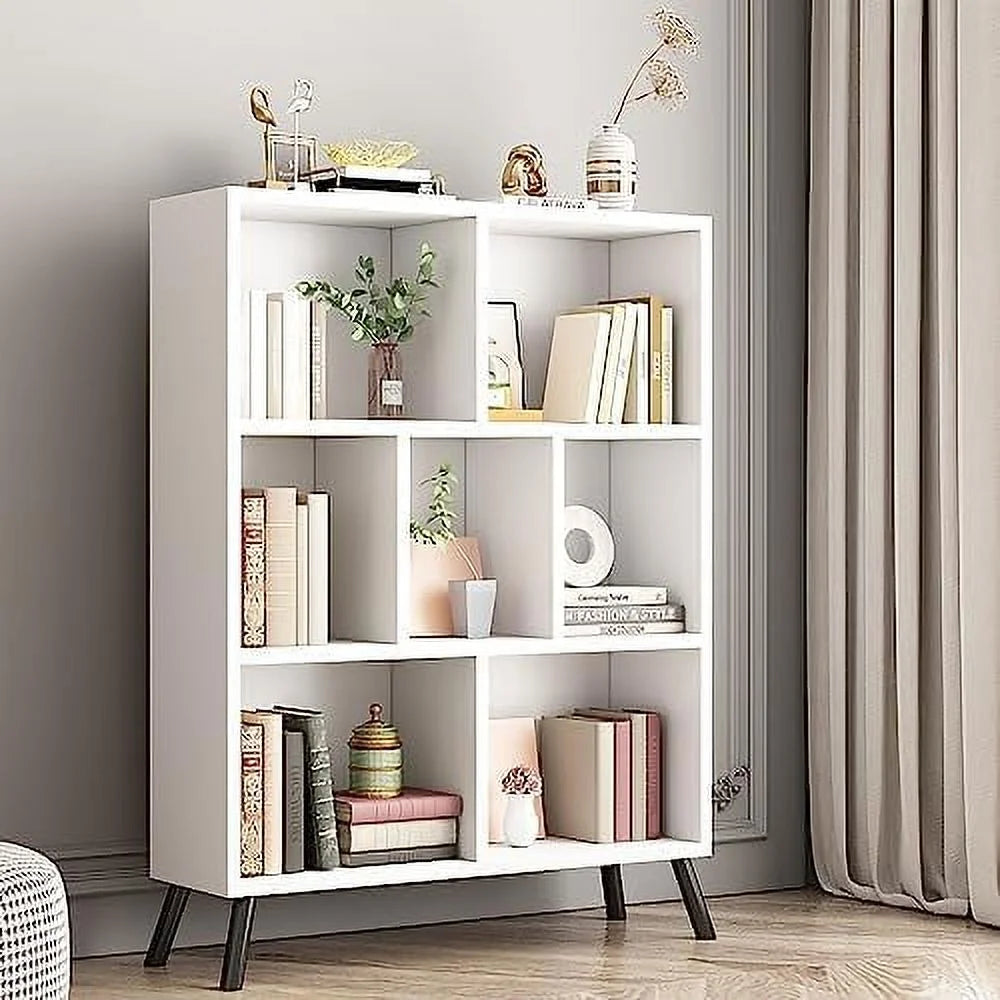 White 7 Cube 3 Tier Wood Bookshelf Y28862