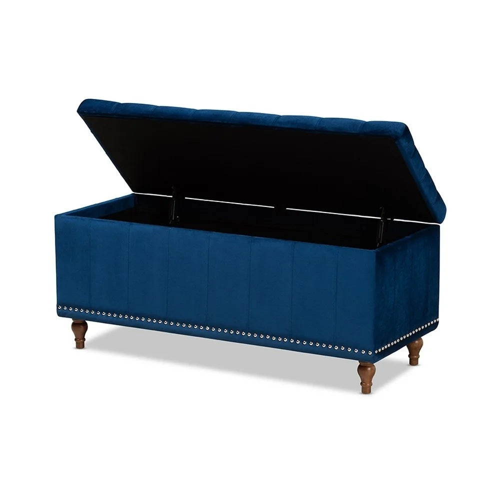 Navy Blue Velvet Button-Tufted Storage Ottoman Bench S111131
