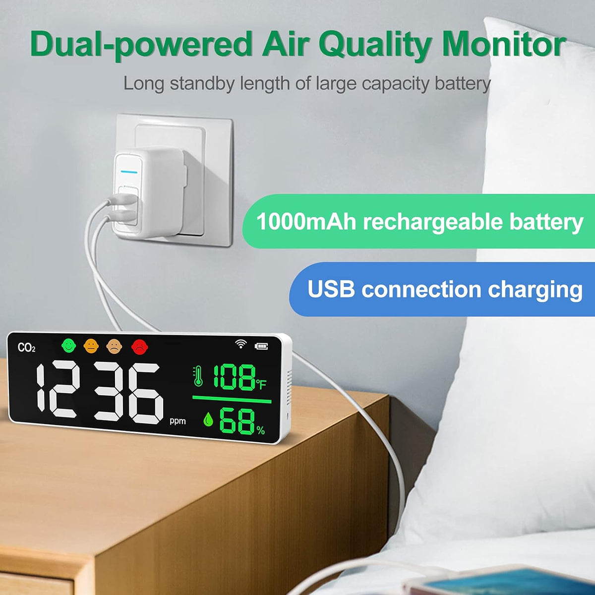 3-in-1 Air Quality Monitor Carbon Dioxide Detector Temperature Humidity Meter Q840487