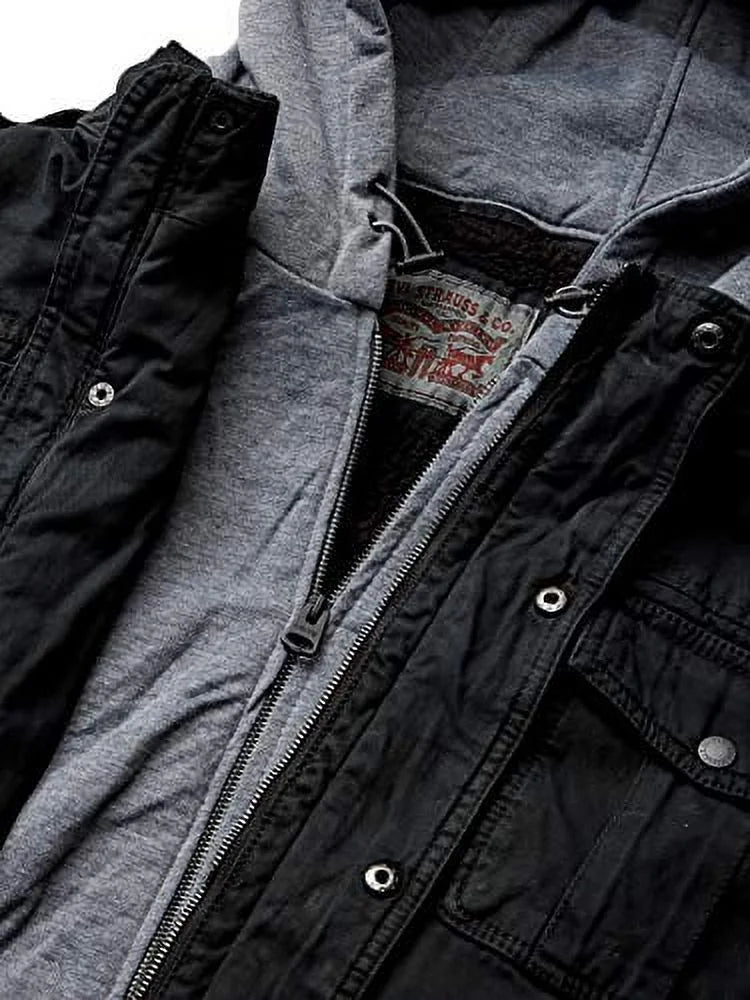 Black Washed Cotton Military Jacket with Removable Hood Q703