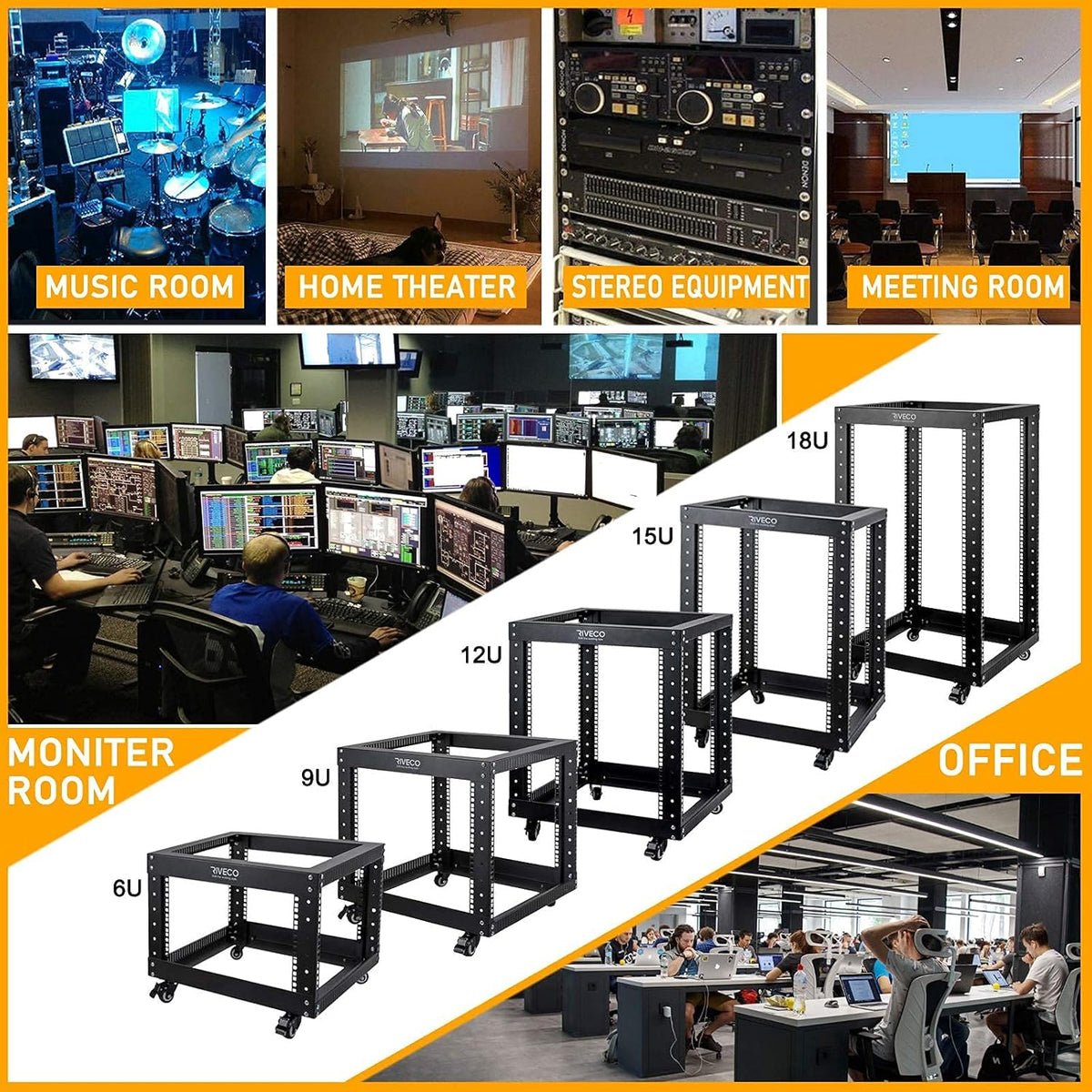 9U Open Frame Server Rack with Casters Black A8029