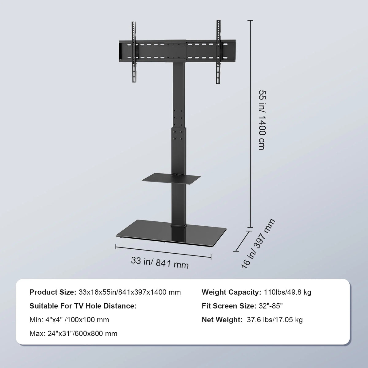 Modern Swivel Floor TV Stand for 32"-85" TVs Adjustable Height Glass K7150