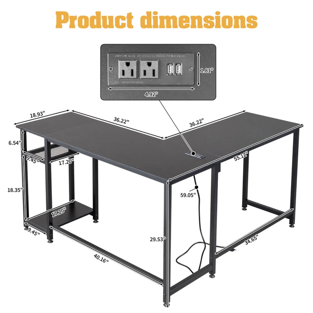 L-Shaped Computer Desk with Power Outlets & Shelf I775