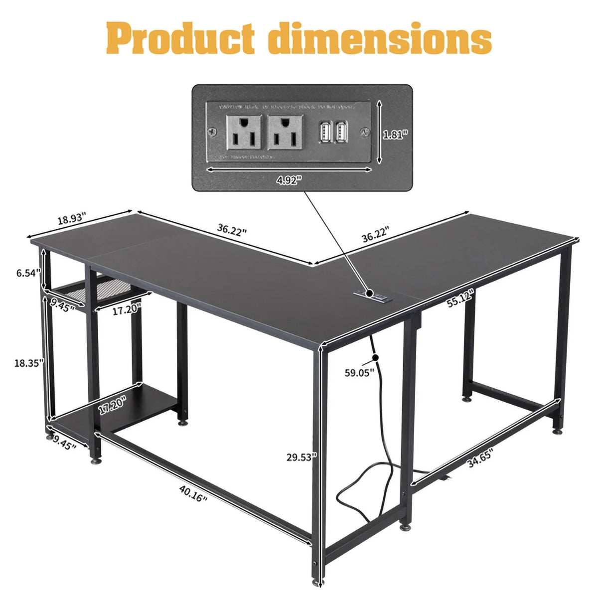 L-Shaped Computer Desk with Power Outlets & Shelf I775