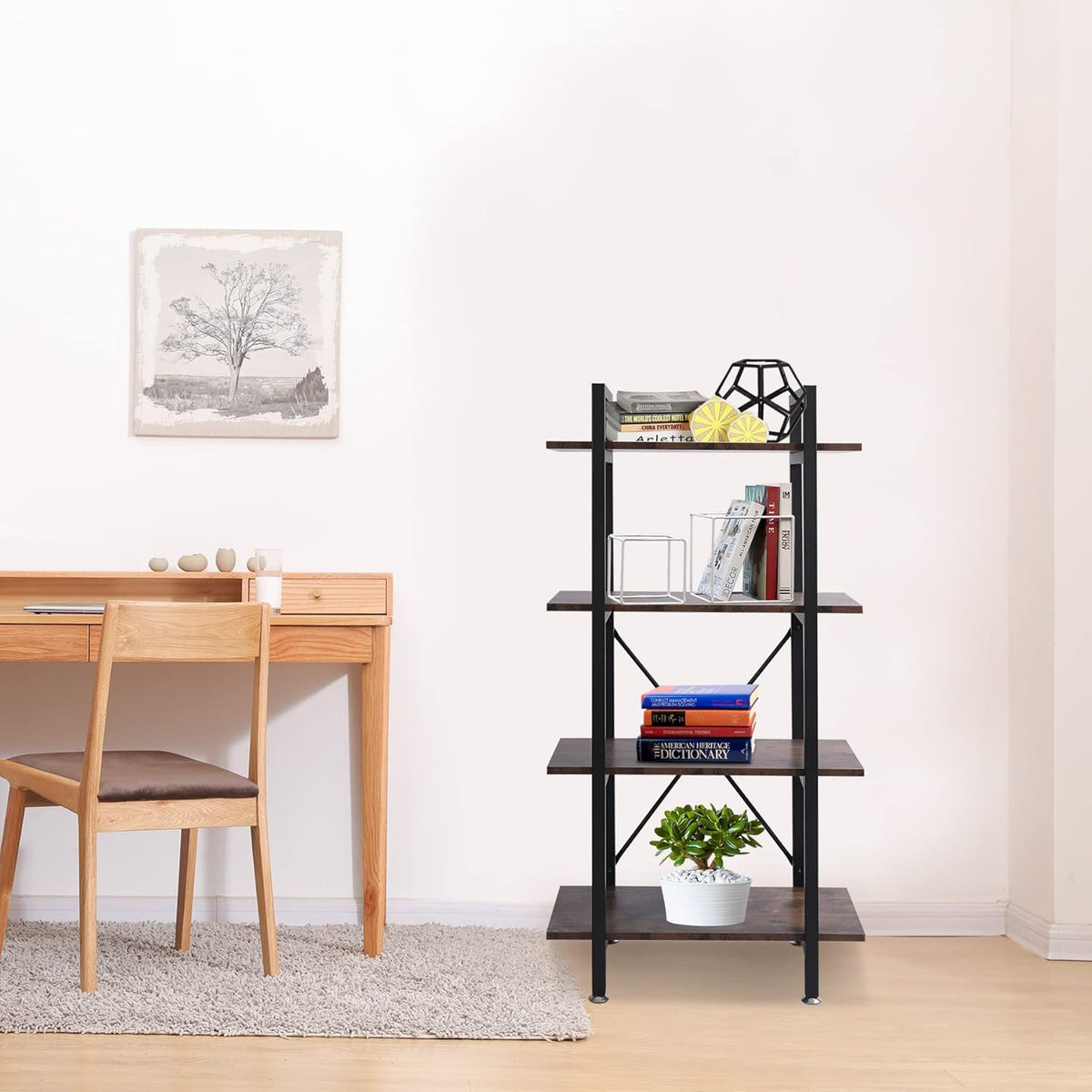 Industrial Bookshelf, 4 Tier Open Shelf Bookcase, Rustic Brown F85779