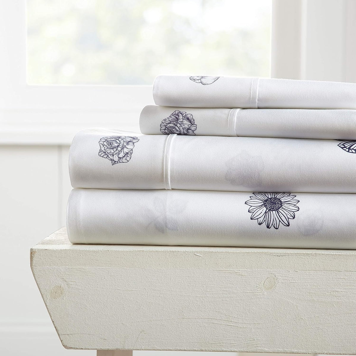 Rose Pattern 4 Piece Bed Sheet Set Queen Light Gray E52081
