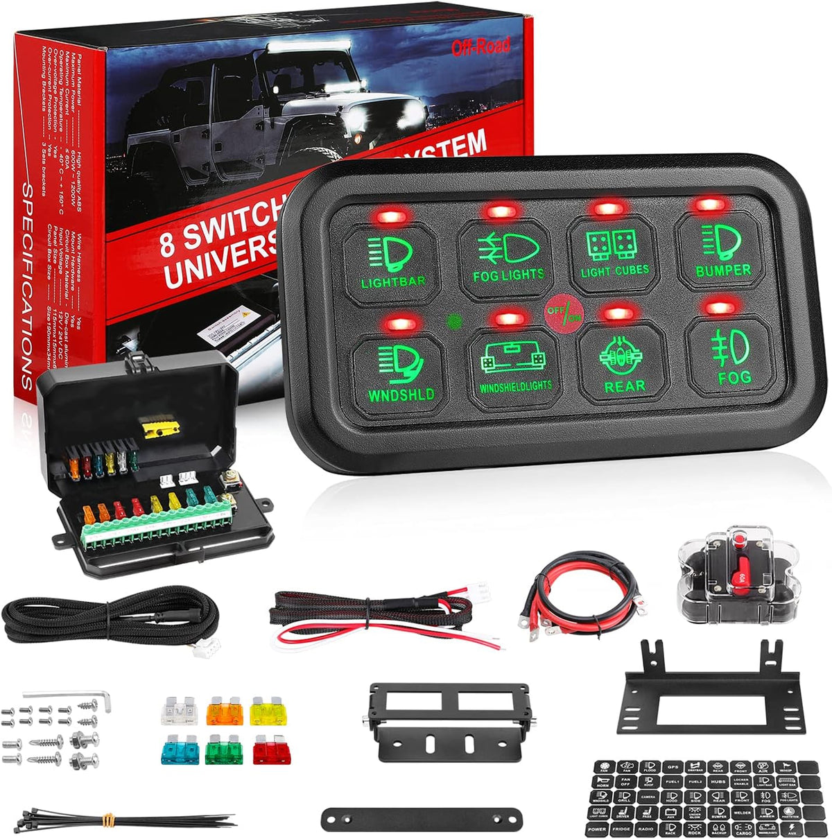 8 Gang Switch Panel with Label Stickers and Harness H483