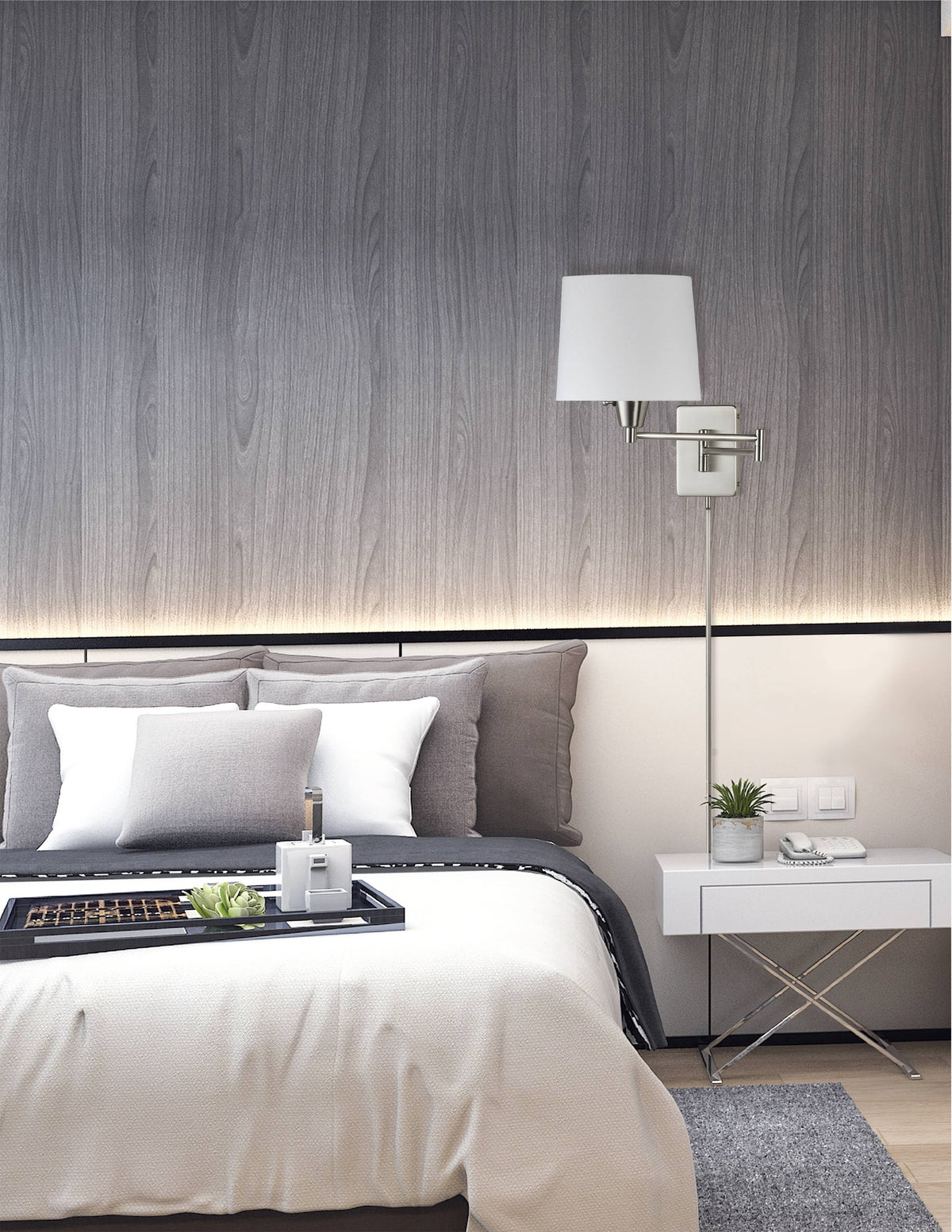 Swing Arm Wall Lamp Satin Chrome White Linen Shade O6341
