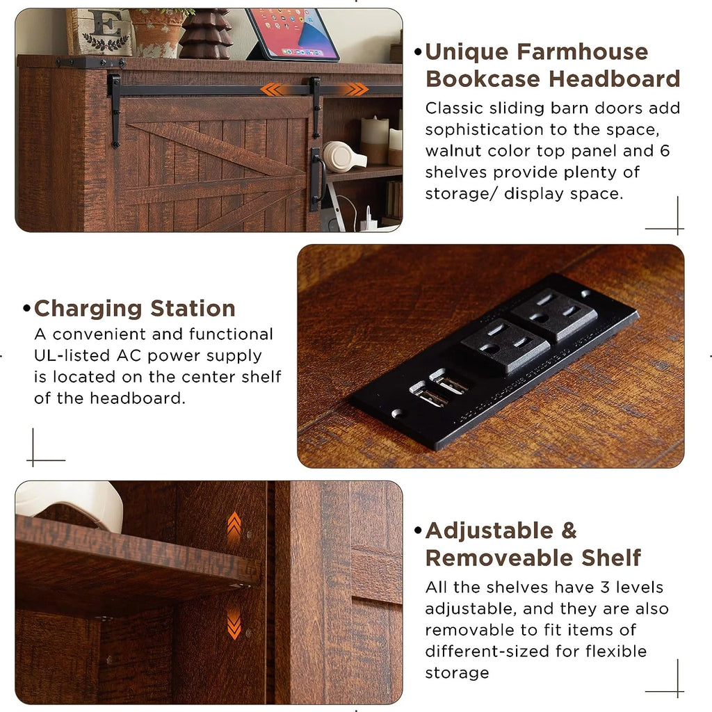 King Platform Bed Frame with Storage Headboard and Charging Station R912