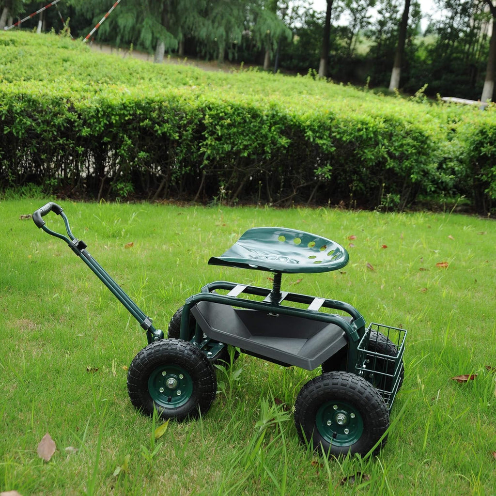 Green Steerable Garden Stool Cart with Tool Tray and Storage Basket on Wheels V455