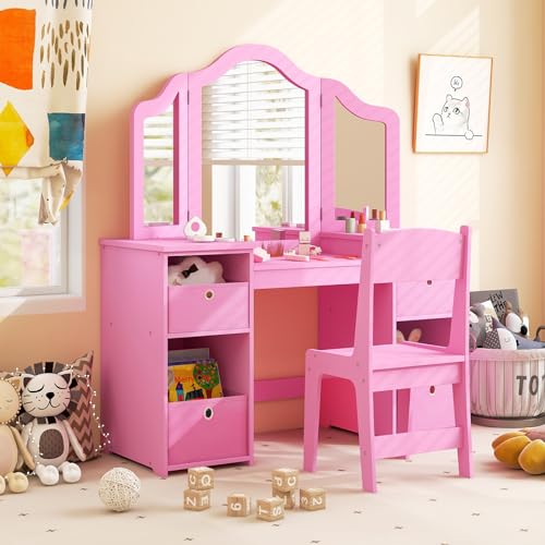 White Kids Vanity with Tri-fold Mirror N6296