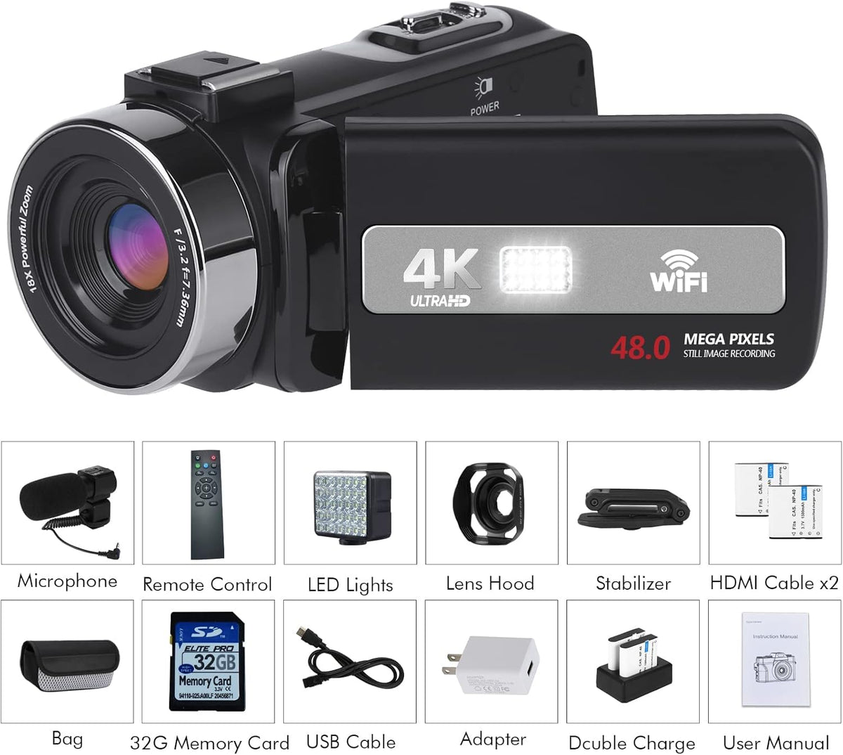 4K 48MP 18X Digital Zoom Touch Screen Video Camera with External Microphone Y708671