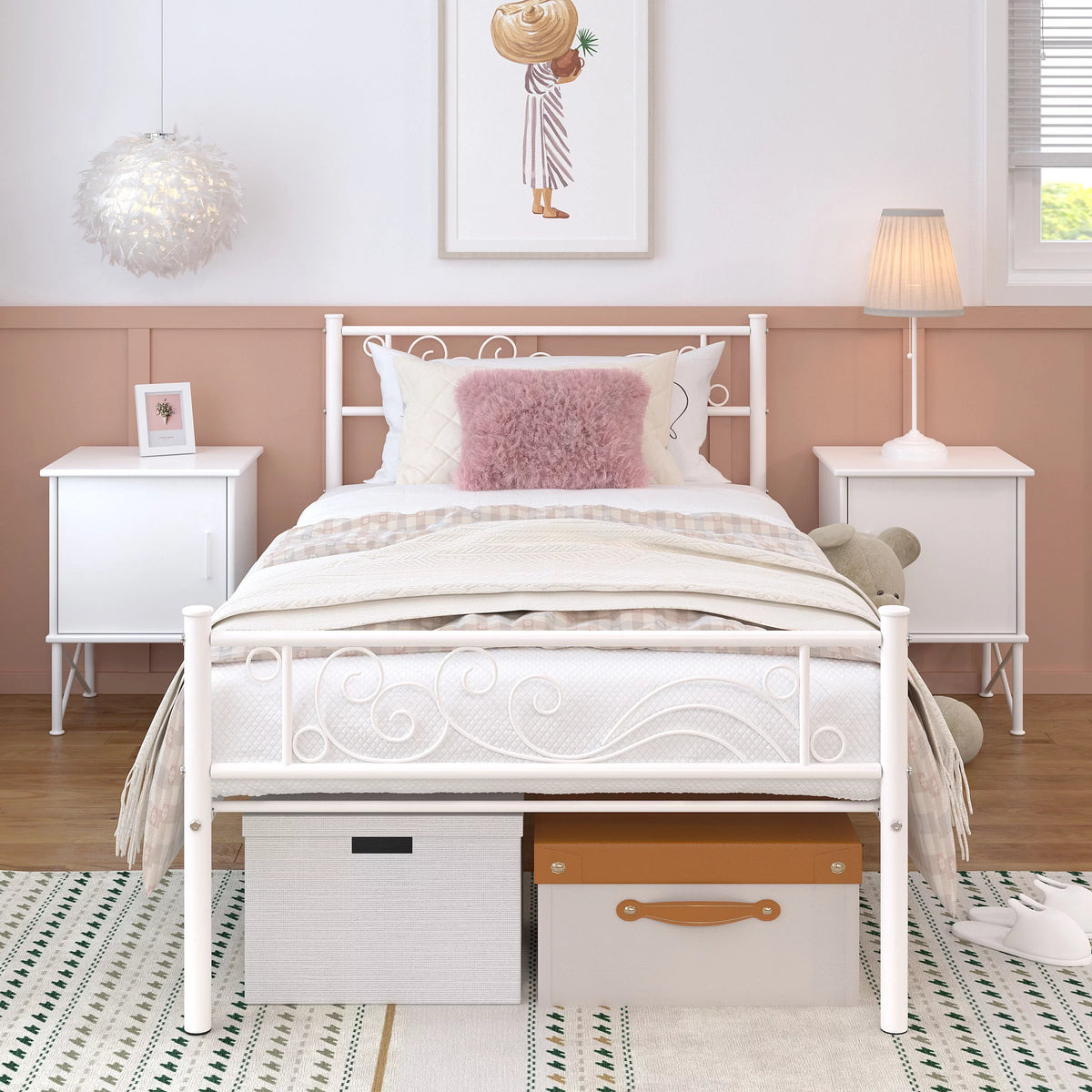 White Metal Twin Size Platform Bed Frame with Wave Headboard Y40340