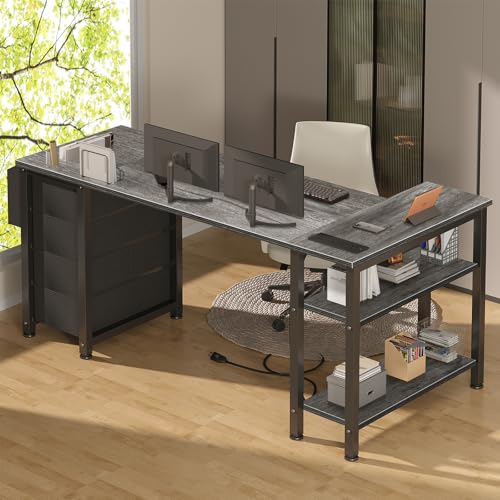 Black L Shaped Gaming Desk with Drawers & Storage Shelves, 47 Inch, Power Outlet T93844