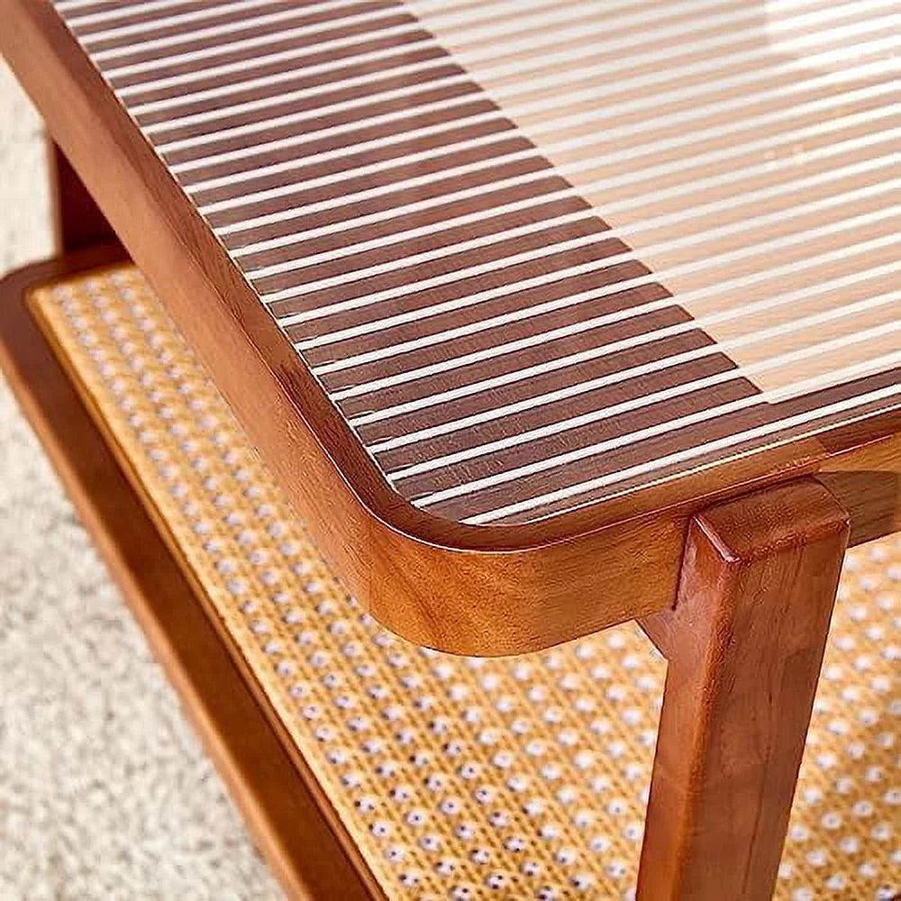 Modern Rattan Woven Glass Desktop Solid Wood Coffee Table Z370945