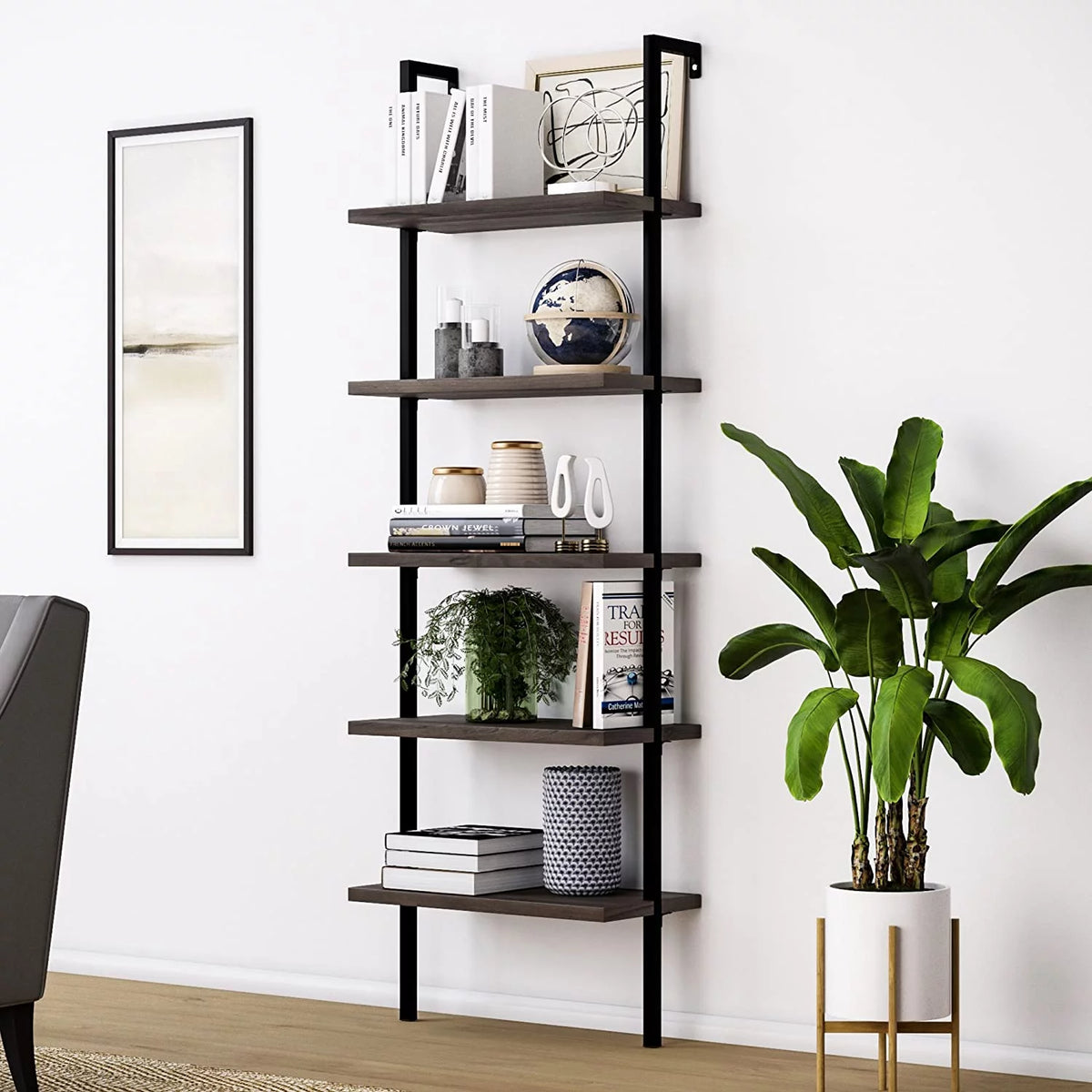 5-Shelf Wood Ladder Bookcase with Metal Frame V7233