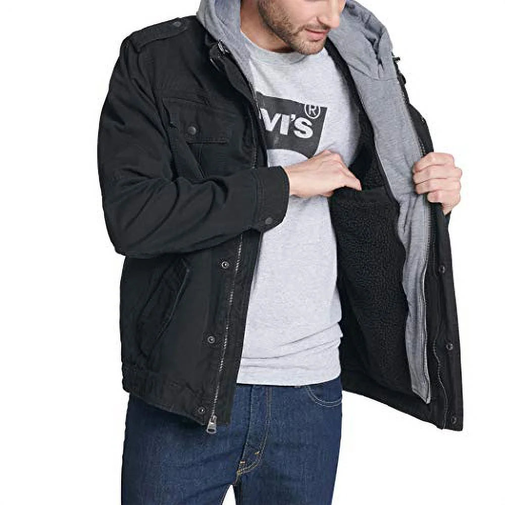 Black Washed Cotton Military Jacket with Removable Hood Q703