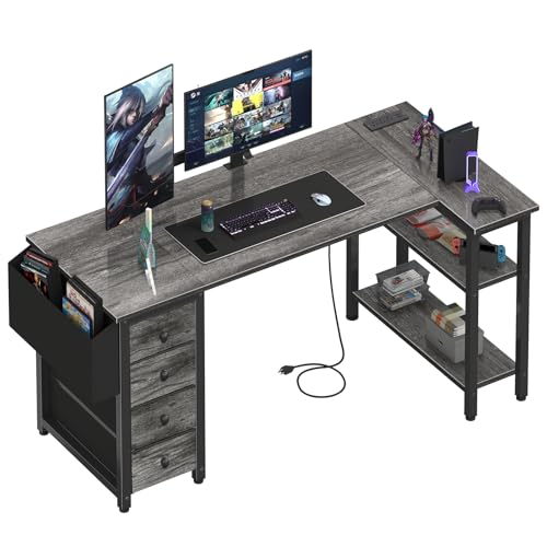 Black L Shaped Gaming Desk with Drawers & Storage Shelves, 47 Inch, Power Outlet T93844