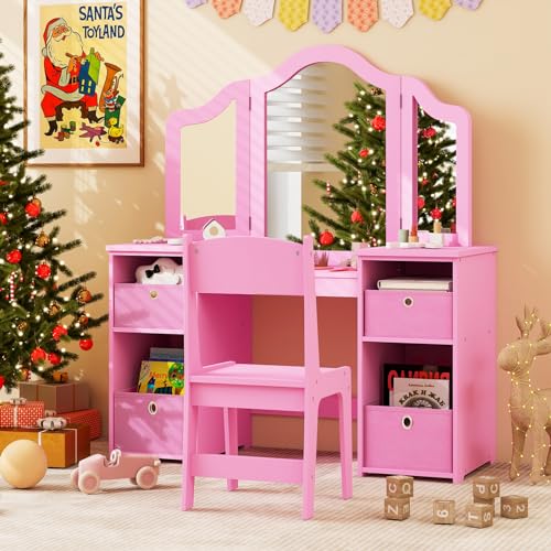 White Kids Vanity with Tri-fold Mirror N6296
