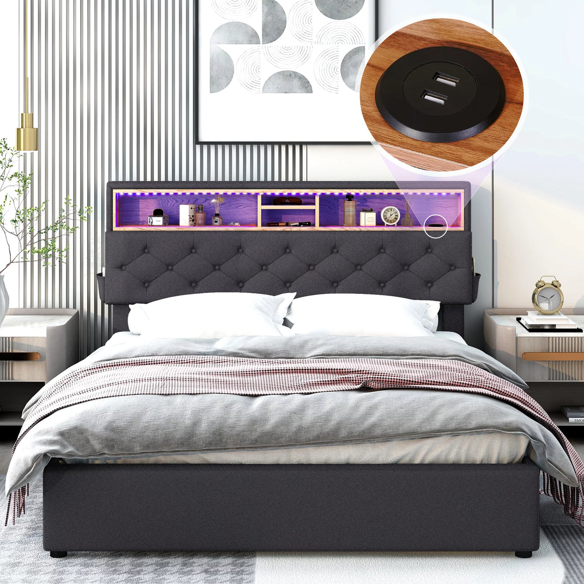 Queen Size Upholstered Platform Bed with Storage Headboard and 2 Drawers W86261