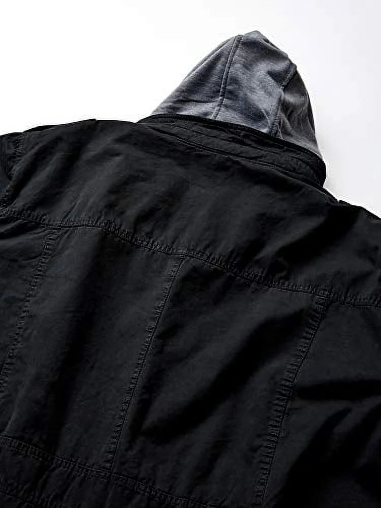 Black Washed Cotton Military Jacket with Removable Hood Q703