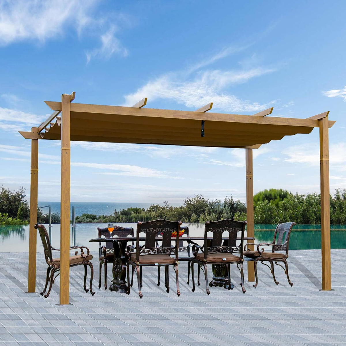 Aluminum Retractable Pergola with Natural Wood Looking Finish B3010