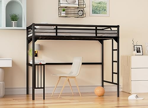 Black Metal Loft Bed Twin Size with Desk and Ladder O190