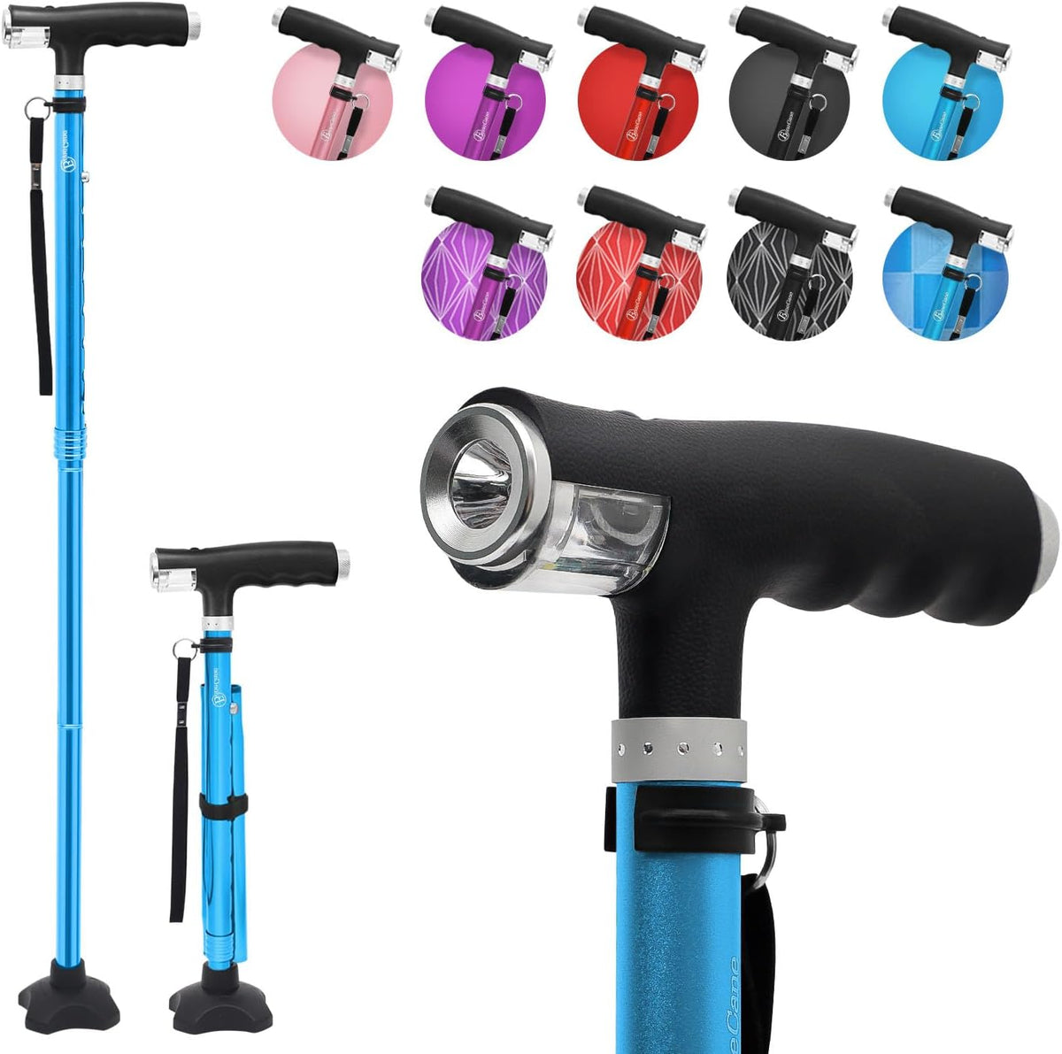 Folding Walking Cane with Two Led Lights Quad Cane T653726