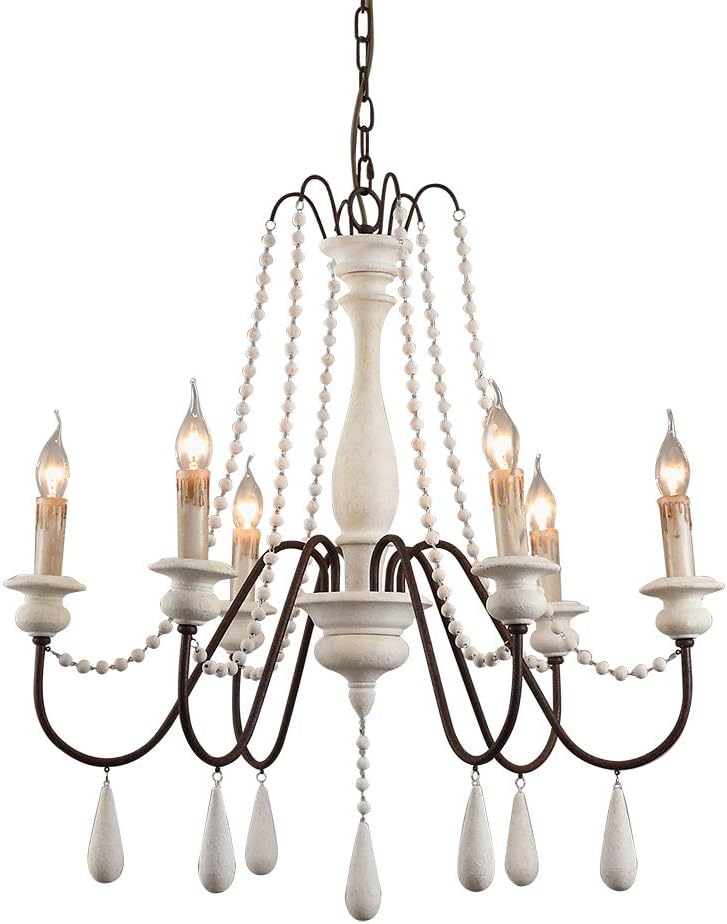 French Country Wood Bead Chandelier, 6 Lights, Gray N83938