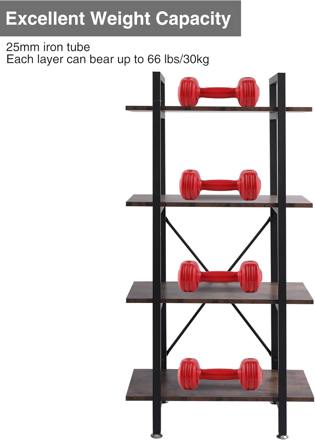 Industrial Bookshelf, 4 Tier Open Shelf Bookcase, Rustic Brown F85779