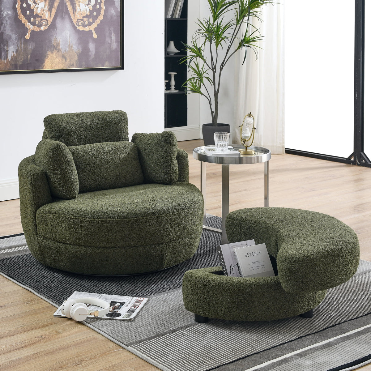 Oversized Swivel Chair with Storage Ottoman and 4 Pillows, Teddy Fabric H862