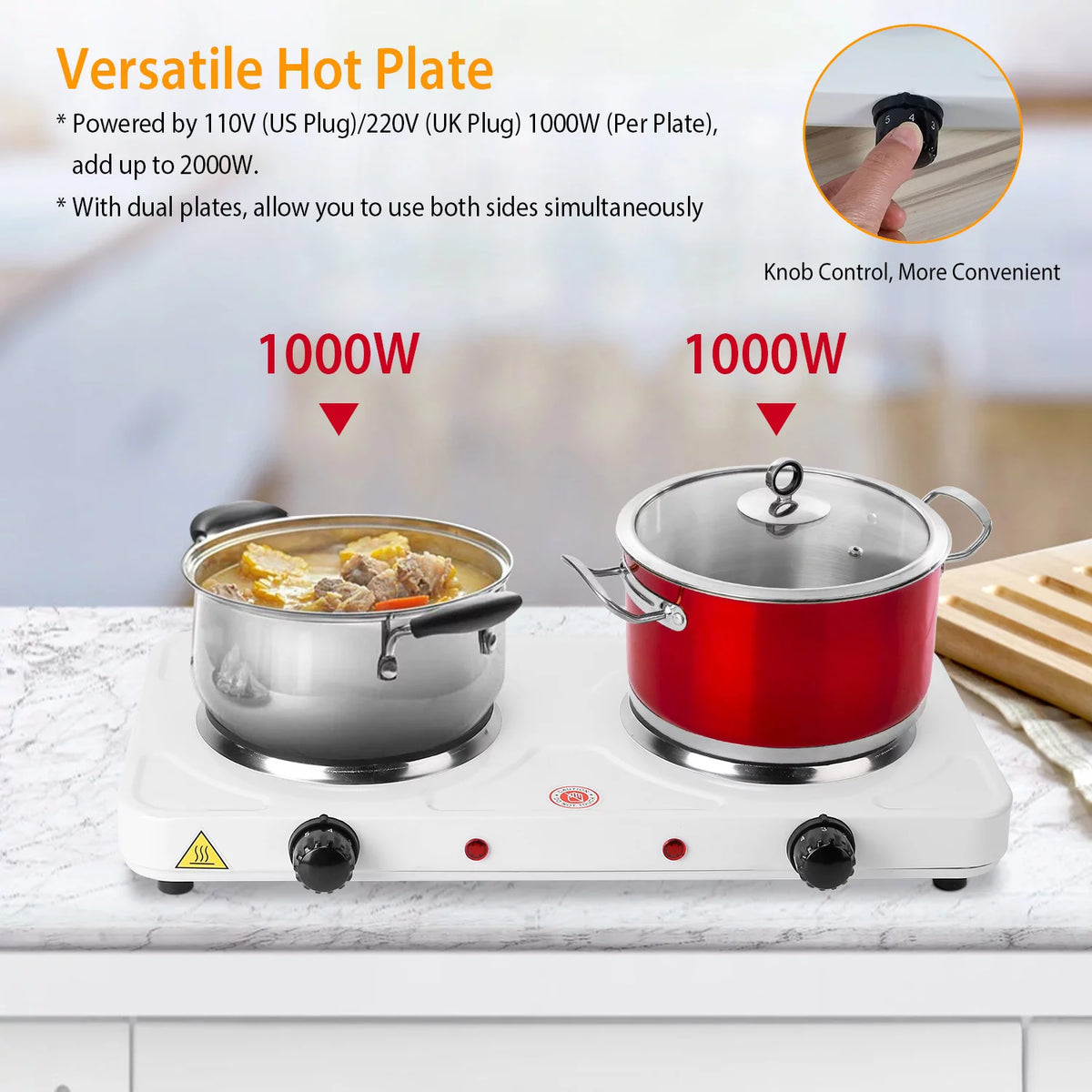 Electric Double Burner Portable Cooktop Countertop Dual Flat Burner Hot Plate Kitchen Cooker Stove with 5 Gear Temperature Control M5444