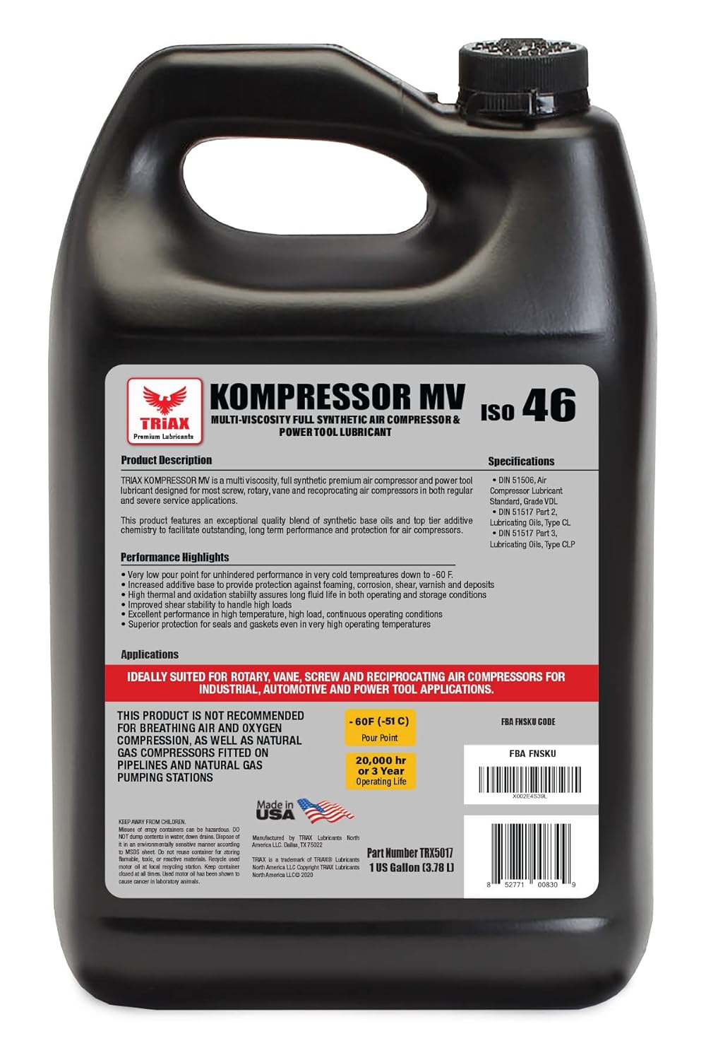 4 Gallon Full Synthetic Air Compressor Oil J57865